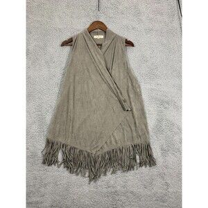 Large (L) Pink Rose Gray Faux Suede Microfiber Fringe Kimono Cardigan Vest